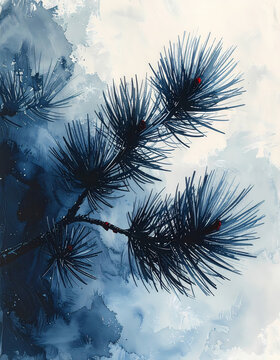Asian ink wash painting of pine tree branch with needles, indigo blue watercolor background, traditional art