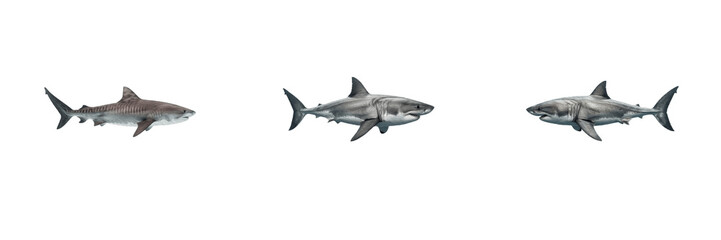 Obraz premium Set of Swimming Sharks Marine Predators Ocean Wildlife Dangerous Sea Fish Graphic Design Assets Isolated Transparent PNG Format Background File