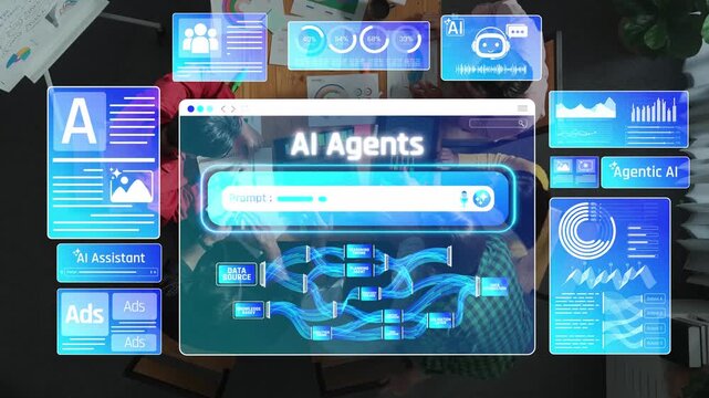 Futuristic Concept of AI Agents and Digital Interfaces in a Modern Workspace with Interactive Graphics for Technology and Innovation Themes Sigmoid