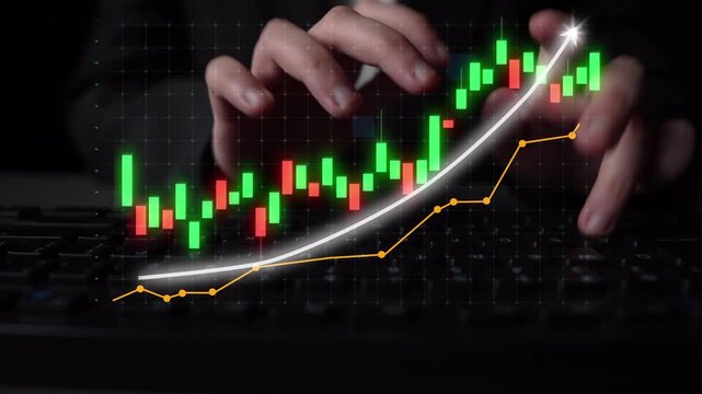 A hands-on keyboard interacts with a digital stock market chart featuring candlestick graphics and a trendline, emphasizing analysis and investment in finance. Copula