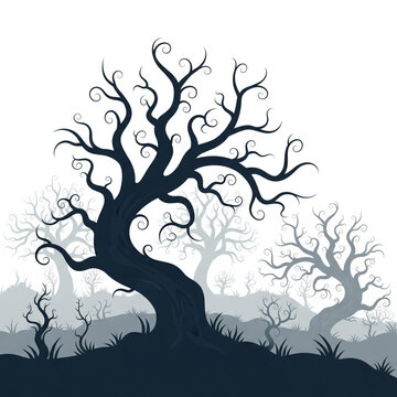 Spooky haunted forest illustration with twisted curly trees in a misty dark landscape
