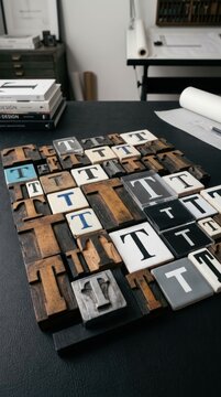 Collection of Vintage Letterpress Printing Blocks with the Letter T.