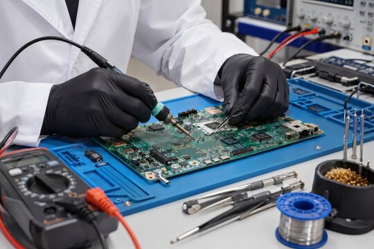 Electronic technician wearing black gloves soldering computer circuit board component inside modern technology laboratory workshop