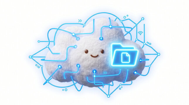 Cute Fluffy Smiling Cloud with Glowing Blue Circuits and Folder Icon for Cloud Storage
