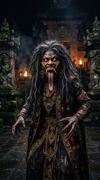 Balinese Rangda demon mask performance. Traditional Indonesian mythological witch character.