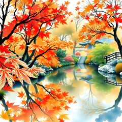 Obraz premium 紅葉が水面に映る日本庭園の池を描いた水彩画