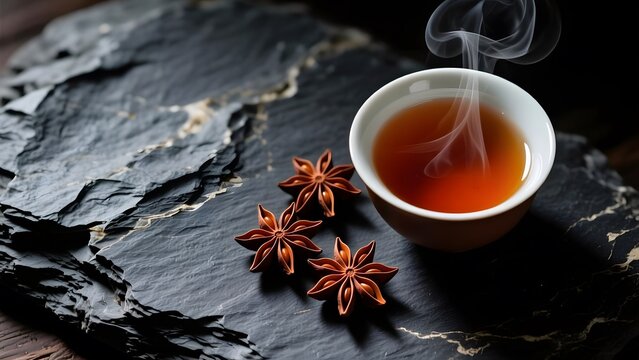 Aromatic herbal tea in white ceramic cup, steaming hot beverage with star anise, dark slate stone background with rustic texture