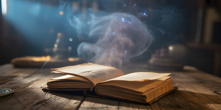Open vintage book on wooden table with magical smoke and sparkles glowing in dark room.