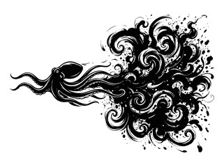 Fototapeta premium Cephalopod octopus releases a swirling plume of dark ink as it propels through water in a black ink artwork.