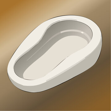 A white ceramic bedpan is shown against a plain brown background in a studio setting.