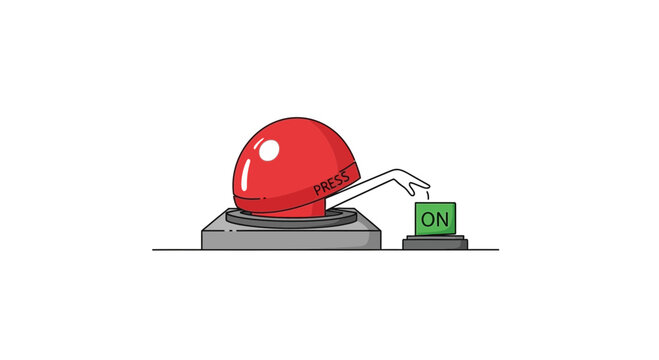 Cartoon hand presses ON button next to large red PRESS button
