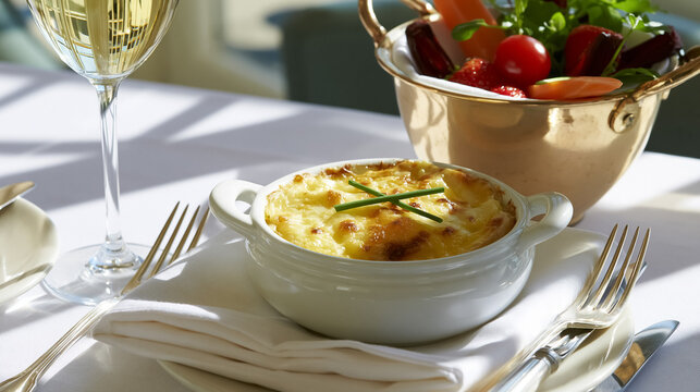 Potato gratin with a golden crust and chives, alongside a fresh garden salad and white wine, creating a gourmet meal experience