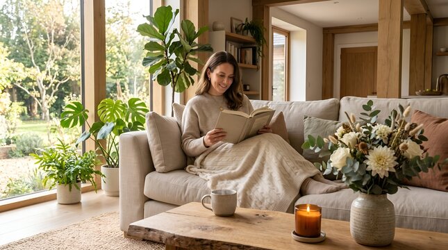 Peaceful self-care weekend at home with a cozy sofa, soft blanket, book, herbal tea, candle, fresh flowers and indoor plants, representing rest, relaxation, personal wellness and slow living.
