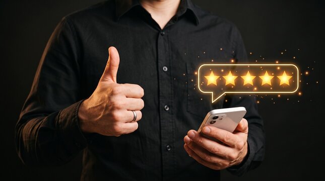 Five Star Review: A satisfied individual gives a thumbs-up while holding a smartphone displaying a glowing five-star rating. Capturing the essence of excellent customer feedback and satisfaction.