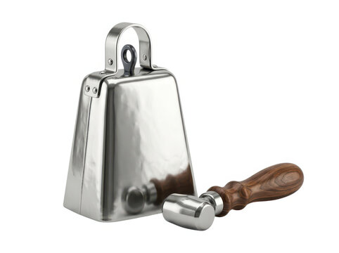 Shiny metal cowbell with a wooden handle mallet used for musical rhythm percussion