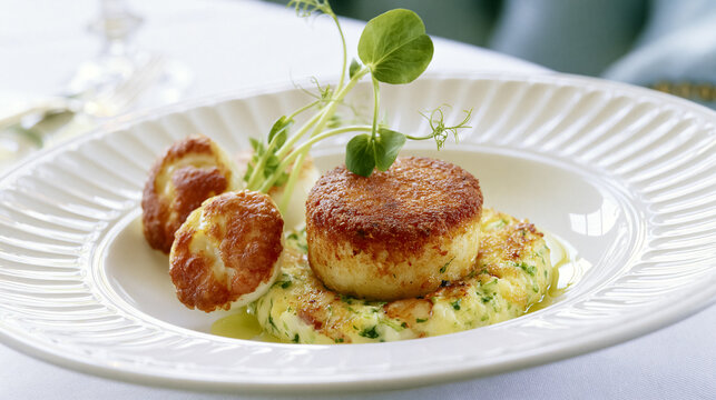 Pan seared scallops and a crab cake presented as a gourmet appetizer with fresh microgreens, highlighting elegant cuisine