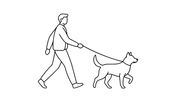 Person walking dog with leash linear thin outline vector illustration