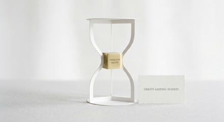 Obraz premium Minimalist White Hourglass on Transparent Background with 'Create Lasting Results' Card