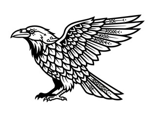 Fototapeta premium Black and white line art illustration of a majestic raven in a profile view
