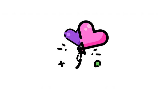 Animated two hearts float upward joyfully, surrounded by purple and pink shapes. Black motion lines add energy, while a plus sign and green circle suggest growth and connection.