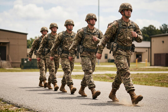 Army Soldiers Marching in Formation During Field Training Exercise
