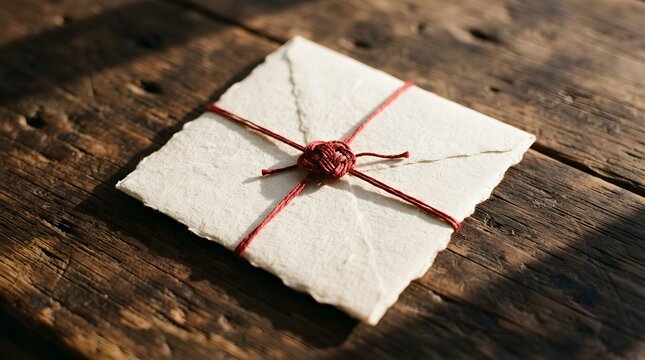 Rustic handmade envelope tied with red string on wooden background