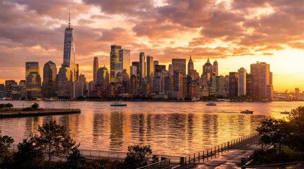 Naklejka premium Golden Hour Skyline of Manhattan New York City at Sunset.