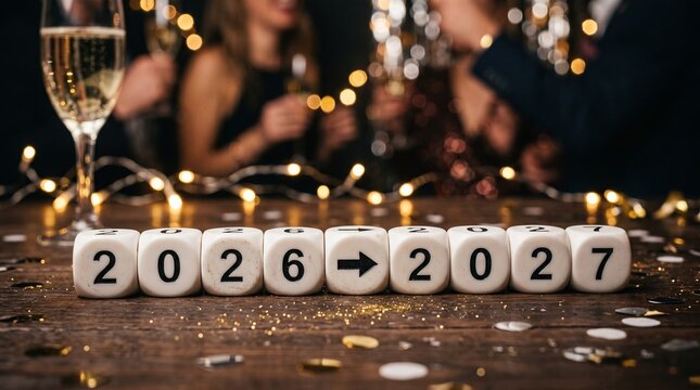 A festive celebration occurs as people gather to toast with champagne while dice displaying the transition from year twenty twenty six to twenty twenty seven rest upon a wooden table during