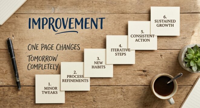 Step-by-step guide to personal and business improvement laid out on a wooden table