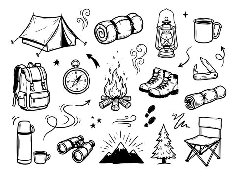 Hand-drawn camping and hiking doodle elements collection featuring tents, backpacks, and campfires