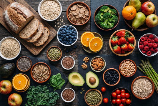 Diverse Selection of Fiber Rich Foods on Dark Wooden Surface