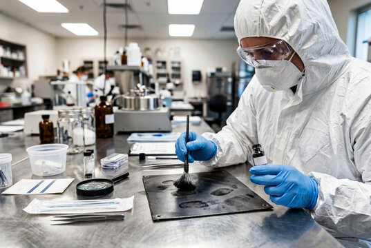 Forensic Technician Dusting for Fingerprints in Lab