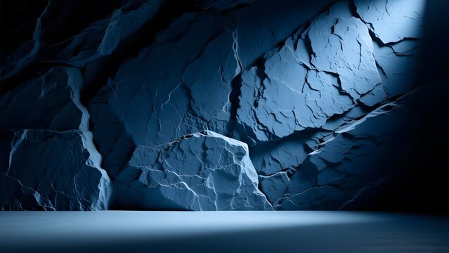 Cinematic blue rock wall background, dark cavern stone texture with spotlight, dramatic mountain cave interior for product display