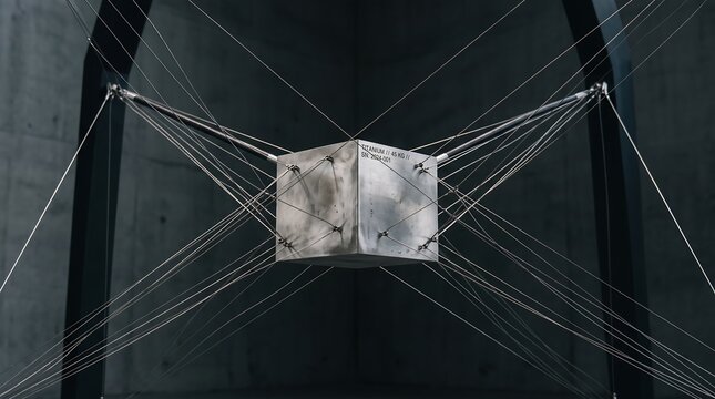 Metallic Geometric Cube Suspended by Steel Cables in Dark Concrete Minimalist Architectural Space