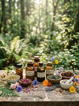 Herbal Remedies and Natural Medicine Displayed Outdoors.