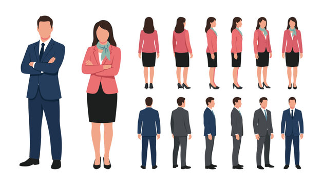 Business man and woman character design vector set with 360 degree turnaround view for animation modeling