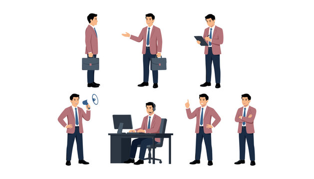 Businessman character turnaround sheet with multiple poses working at desk speaking into megaphone talking gesturing professional jacket vector illustration