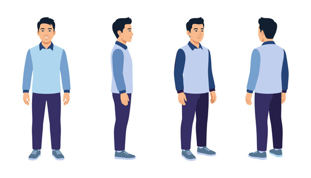 Casual young man character turnaround sheet with multiple views front side back perspective smart casual employee vector illustration
