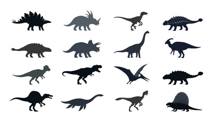 Dinosaur silhouette vector set containing various prehistoric reptiles icons isolated on white background for educational graphic design © akin