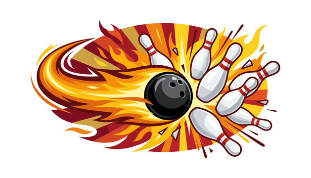Flaming bowling ball crashing into skittles pins dynamic sports logo emblem with fire trails explosion retro sunburst background vector