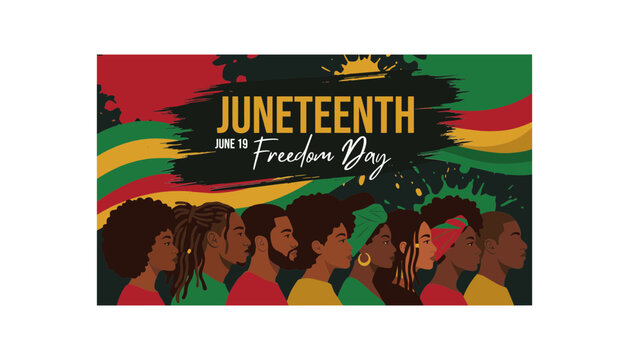 Juneteenth freedom day banner with group of diverse black people profiles over pan african flag colors