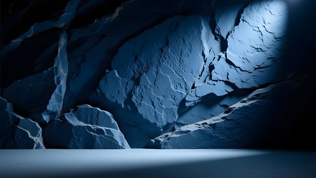 Cinematic blue rock cave background, dramatic spotlight on stone cavern wall, mysterious dark mountain interior for product display