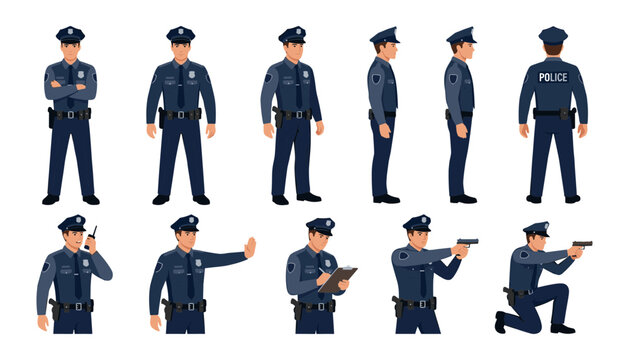 Police officer character sheet vector illustration set featuring security guard man in uniform with diverse poses and actions
