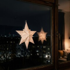 Obraz premium Illuminated Paper Stars Adorning a Window at Night with City Lights in Background.