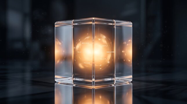 Futuristic transparent glass cube emitting glowing amber light and energy core on reflective surface