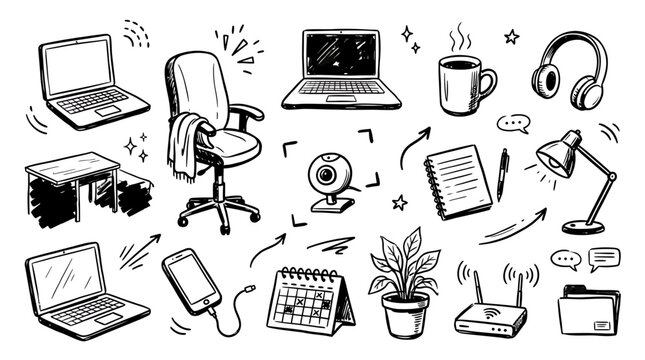 Hand drawn set of home office equipment doodles featuring laptop, chair, coffee, and technology icons for remote work and freelance business