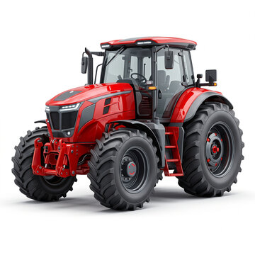 Tractor, modern red agricultural tractor side view, heavy farming equipment, isolated on white background