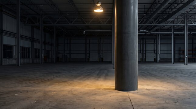 Interior view of an empty industrial warehouse with dark concrete floor and glowing overhead lamp lighting up a large metal support pillar