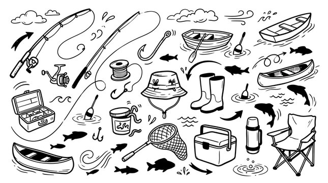 Hand drawn fishing equipment doodles set with fishing rod boat hook tackle box boots and outdoor recreation icons vector illustration