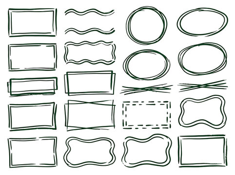 Set of hand drawn sketch frames borders scribble rectangles circles and underline elements isolated on white background
